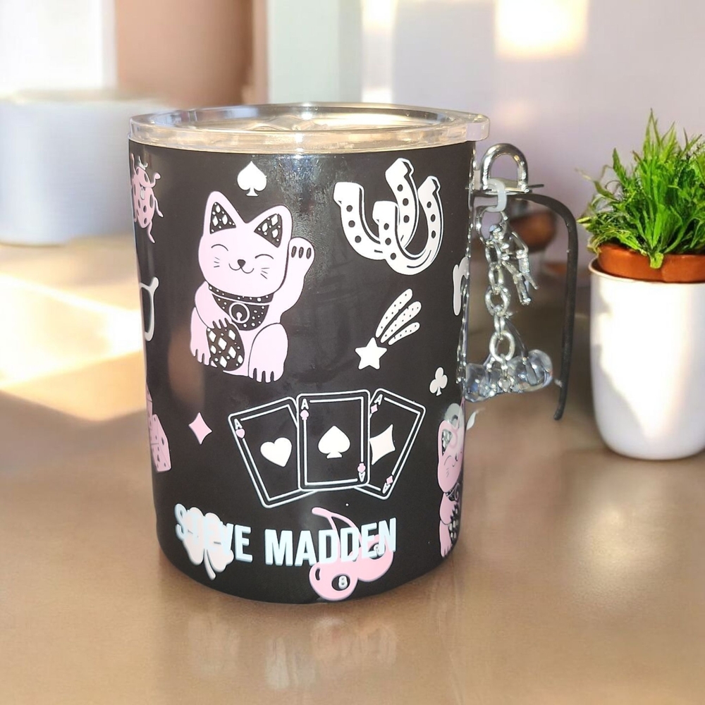 NWT Steve Madden Black and Pink Casino Themed Graphic Mug-Key Charm Not Included